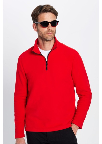 Unisex Standart Fit Anti-pilling Tüylenme Yapmayan Soğuk Geçirmez Kırmızı Dik Yaka Polar Sweatshirt fiyatları