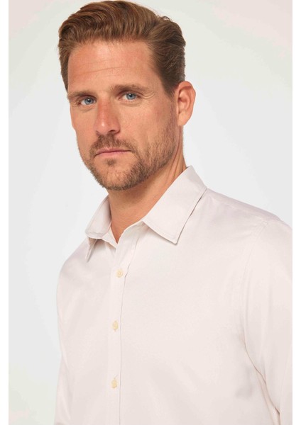 Slim Fit Uzun Kollu Kolay Ütü Teri Emen Nefes Alan Doku Kravatlık Dört Mevsim Taş Renk Erkek Gömlek modelleri