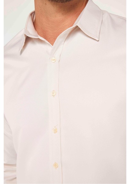 Slim Fit Uzun Kollu Kolay Ütü Teri Emen Nefes Alan Doku Kravatlık Dört Mevsim Taş Renk Erkek Gömlek fırsatları