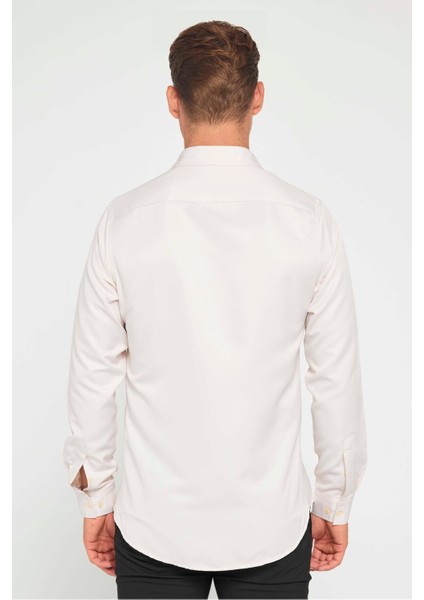 Slim Fit Uzun Kollu Kolay Ütü Teri Emen Nefes Alan Doku Kravatlık Dört Mevsim Taş Renk Erkek Gömlek indirimleri