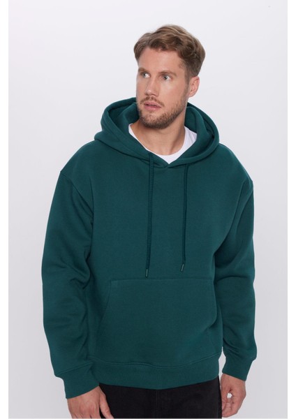 Unisex Oversize Geniş Kesim Pamuklu Yumuşak Dokulu Içi Polarlı Basic Yeşil Kapüşonlu Sweatshirt fiyatları