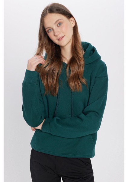 Unisex Oversize Geniş Kesim Pamuklu Yumuşak Dokulu Içi Polarlı Basic Yeşil Kapüşonlu Sweatshirt modelleri