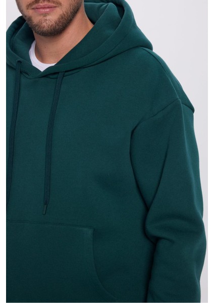 Unisex Oversize Geniş Kesim Pamuklu Yumuşak Dokulu Içi Polarlı Basic Yeşil Kapüşonlu Sweatshirt fırsatları