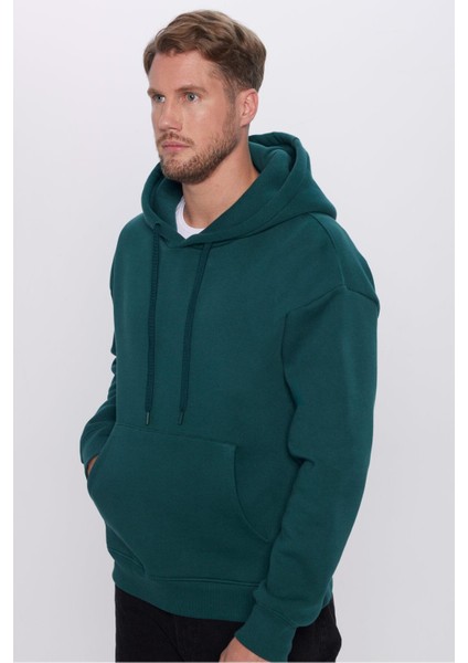 Unisex Oversize Geniş Kesim Pamuklu Yumuşak Dokulu Içi Polarlı Basic Yeşil Kapüşonlu Sweatshirt indirimleri