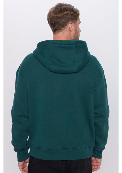 Unisex Oversize Geniş Kesim Pamuklu Yumuşak Dokulu Içi Polarlı Basic Yeşil Kapüşonlu Sweatshirt