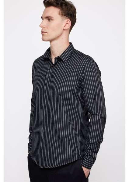 Slim Fit Uzun Kollu Pamuklu Kolay Ütü Çizgili Erkek Siyah Lacivert Gömlek fiyatları