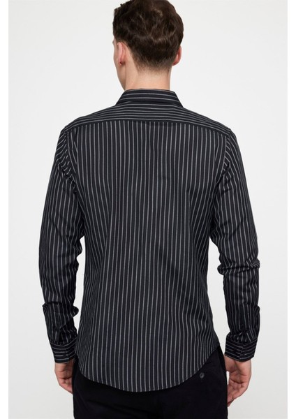 Slim Fit Uzun Kollu Pamuklu Kolay Ütü Çizgili Erkek Siyah Lacivert Gömlek fırsatları