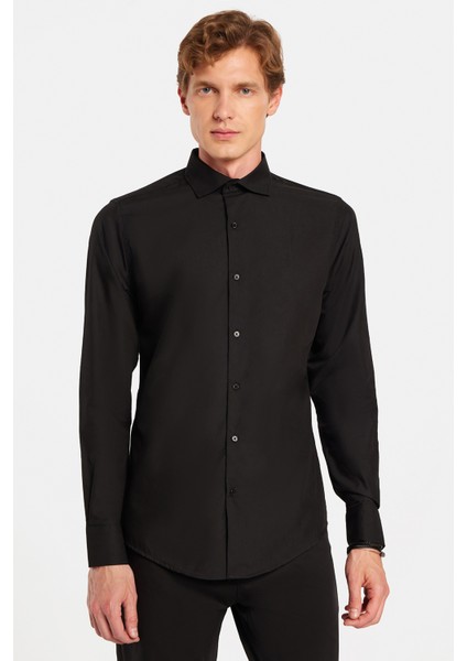 Slim Fit Uzun Kollu Pamuklu Kolay Ütü Siyah Erkek Gömlek fırsatları