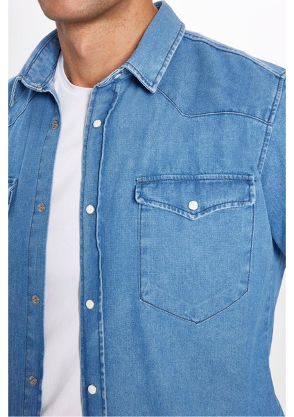 Erkek Slim Fit Dar Kesim Uzun Kollu Çift Cepli Kapaklı Parça Dikişli Mavi Denim Kot Gömlek fırsatları