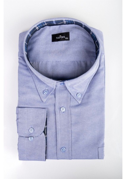 Erkek Big Size Büyük Beden Uzun Kollu Pamuklu Oxford Doku Tek Cepli Sax Mavi Düğmeli Yaka Gömlek fiyatları