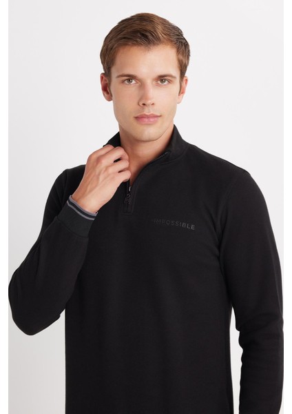 Erkek Slim Fit Dar Kesim Pamuklu Yarım Fermuarlı Dik Yaka Siyah Sweatshirt fiyatları
