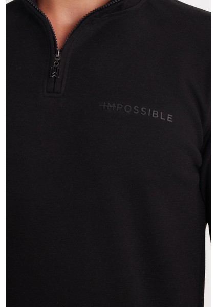 Erkek Slim Fit Dar Kesim Pamuklu Yarım Fermuarlı Dik Yaka Siyah Sweatshirt modelleri
