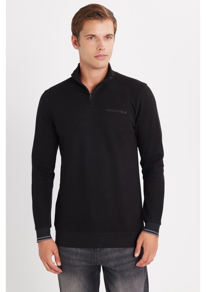 Erkek Slim Fit Dar Kesim Pamuklu Yarım Fermuarlı Dik Yaka Siyah Sweatshirt fırsatları