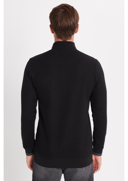 Erkek Slim Fit Dar Kesim Pamuklu Yarım Fermuarlı Dik Yaka Siyah Sweatshirt indirimleri
