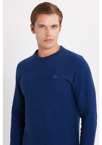 Erkek Slim Fit Dar Kesim Pamuklu Selanik Kumaş Bisiklet Yaka İndigo Sweatshirt fiyatları