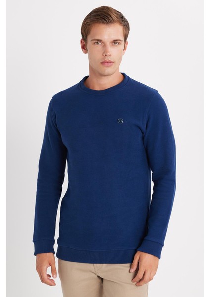 Erkek Slim Fit Dar Kesim Pamuklu Selanik Kumaş Bisiklet Yaka İndigo Sweatshirt fırsatları