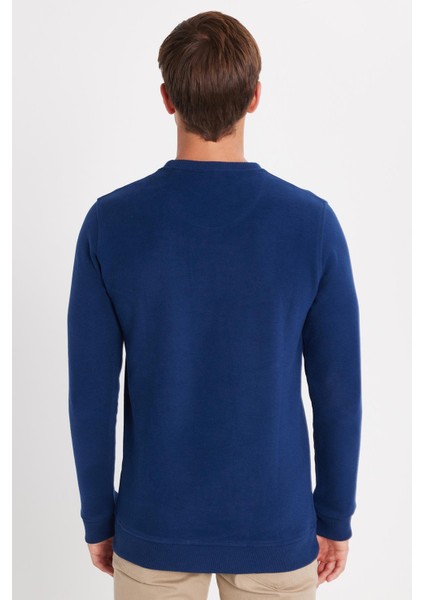 Erkek Slim Fit Dar Kesim Pamuklu Selanik Kumaş Bisiklet Yaka İndigo Sweatshirt indirimleri