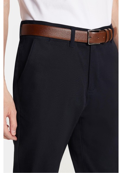 Erkek Slim Fit Chino Esnek Yandan Cepli Önü Fermuarlı Pamuklu Dokulu Lacivert Pantolon