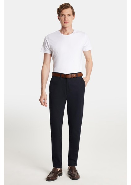 Erkek Slim Fit Chino Esnek Yandan Cepli Önü Fermuarlı Pamuklu Dokulu Lacivert Pantolon modelleri