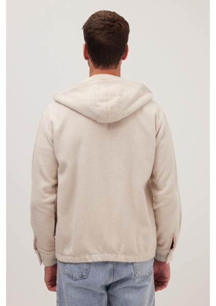 Erkek Relax Fit Rahat Kesim Fermuarlı Çift Cep Kapüşonlu Ekru Ceket Gömlek