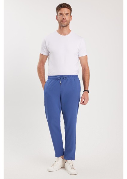 Erkek Regular Fit Beli Lastikli Bağcıklı Jogger İndigo Pantolon Rahat Kesim Yan Cepli fırsatları