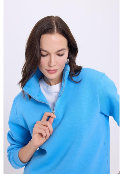 Kadın Relax Fit Rahat Kesim Pamuklu İçi Polarlı Yarım Fermuarlı Mavi Dik Yaka Sweatshirt fiyatları
