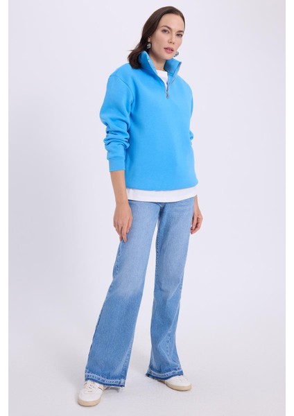 Kadın Relax Fit Rahat Kesim Pamuklu İçi Polarlı Yarım Fermuarlı Mavi Dik Yaka Sweatshirt indirimleri