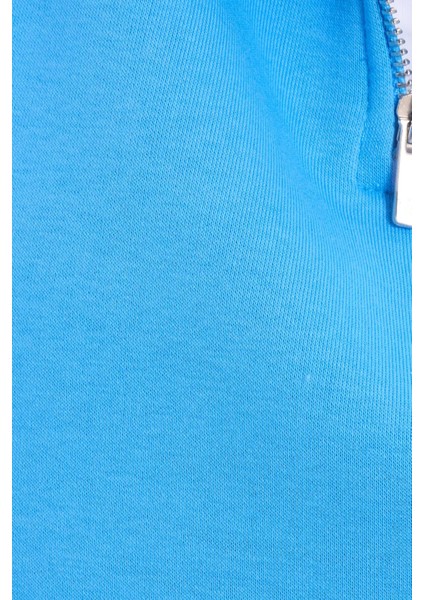 Kadın Relax Fit Rahat Kesim Pamuklu İçi Polarlı Yarım Fermuarlı Mavi Dik Yaka Sweatshirt