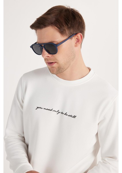 Erkek Standart Fit Pamuklu Bisiklet Yaka Şardonlu Baskılı Beyaz Sweatshirt fiyatları