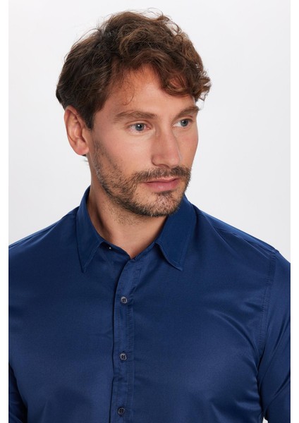 Slim Fit Uzun Kollu Kolay Ütü Teri Emen Nefes Alan Doku Kravatlık Dört Mevsim Lacivert Erkek Gömlek fiyatları