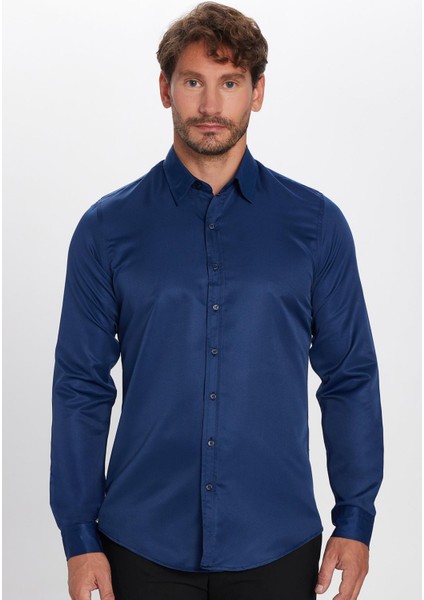 Slim Fit Uzun Kollu Kolay Ütü Teri Emen Nefes Alan Doku Kravatlık Dört Mevsim Lacivert Erkek Gömlek modelleri