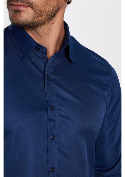 Slim Fit Uzun Kollu Kolay Ütü Teri Emen Nefes Alan Doku Kravatlık Dört Mevsim Lacivert Erkek Gömlek fırsatları