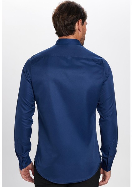 Slim Fit Uzun Kollu Kolay Ütü Teri Emen Nefes Alan Doku Kravatlık Dört Mevsim Lacivert Erkek Gömlek indirimleri