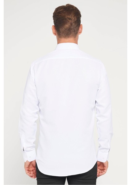 Modern Slim Fit Uzun Kollu Pamuklu Kolay Ütü Armürlü Erkek Beyaz Gömlek indirimleri