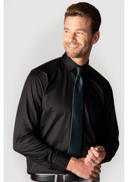 Klasik Fit Uzun Kollu Pamuk Saten Erkek Siyah Gömlek fiyatları