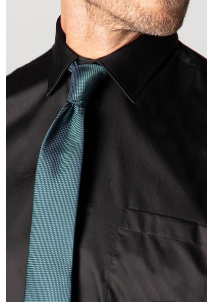 Klasik Fit Uzun Kollu Pamuk Saten Erkek Siyah Gömlek modelleri