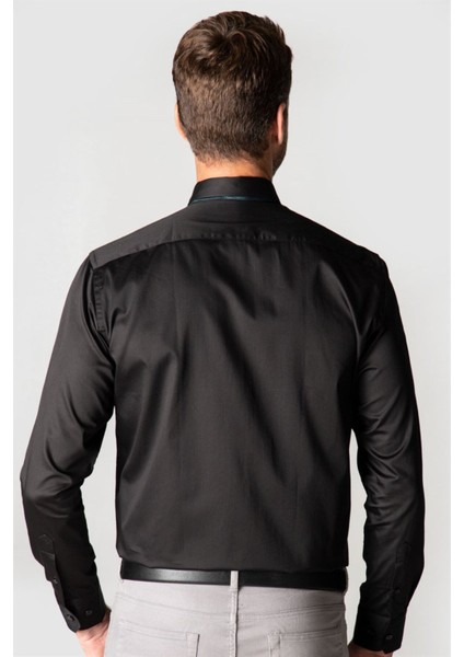 Klasik Fit Uzun Kollu Pamuk Saten Erkek Siyah Gömlek fırsatları