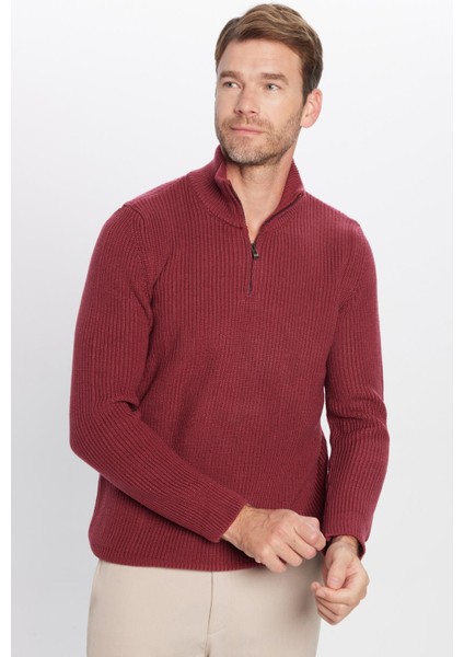 Erkek Slim Fit Dar Kesim Fermuarlı Bordo Dik Yaka Triko Kazak fiyatları