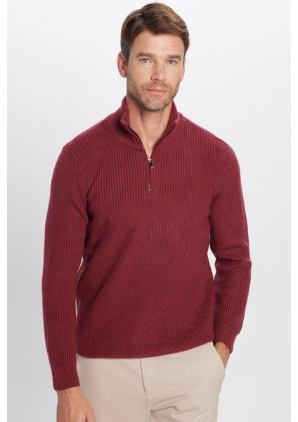 Erkek Slim Fit Dar Kesim Fermuarlı Bordo Dik Yaka Triko Kazak modelleri