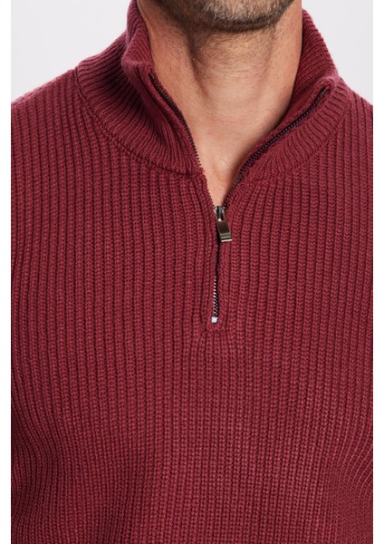 Erkek Slim Fit Dar Kesim Fermuarlı Bordo Dik Yaka Triko Kazak fırsatları
