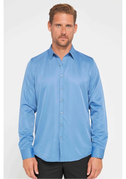 Slim Fit Uzun Kollu Kolay Ütü Teri Emen Nefes Alan Doku Kravatlık Dört Mevsim İndigo Erkek Gömlek fiyatları