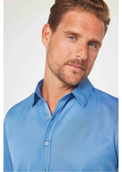 Slim Fit Uzun Kollu Kolay Ütü Teri Emen Nefes Alan Doku Kravatlık Dört Mevsim İndigo Erkek Gömlek modelleri