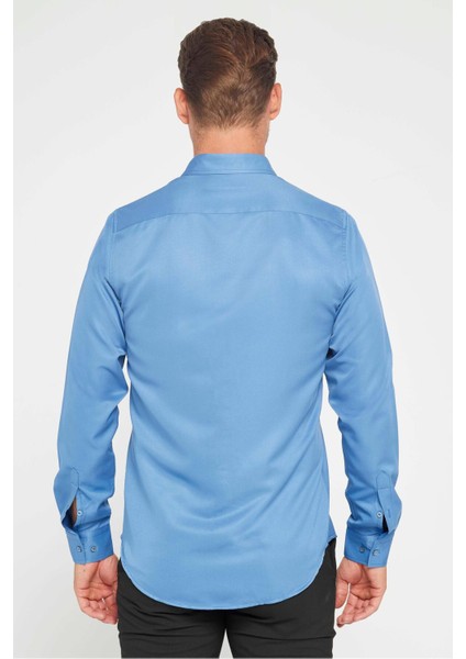 Slim Fit Uzun Kollu Kolay Ütü Teri Emen Nefes Alan Doku Kravatlık Dört Mevsim İndigo Erkek Gömlek indirimleri