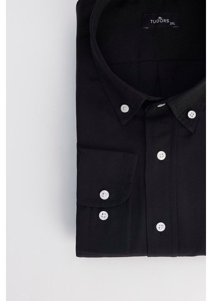 Erkek Big Size Büyük Beden Nakışlı Oxford Doku Cepli Siyah Yaka Düğmeli Gömlek modelleri