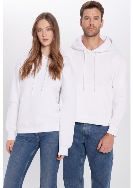 Unisex Oversize Geniş Kesim Pamuklu Yumuşak Dokulu Içi Polarlı Basic Beyaz Kapüşonlu Sweatshirt modelleri
