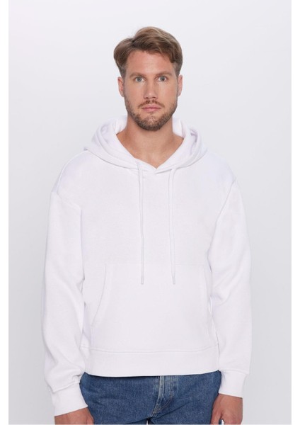 Unisex Oversize Geniş Kesim Pamuklu Yumuşak Dokulu Içi Polarlı Basic Beyaz Kapüşonlu Sweatshirt