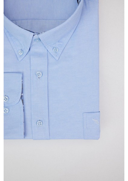 Erkek Big Size Büyük Beden Uzun Kollu Pamuklu Oxford Doku Tek Cepli Mavi Düğmeli Yaka Gömlek modelleri