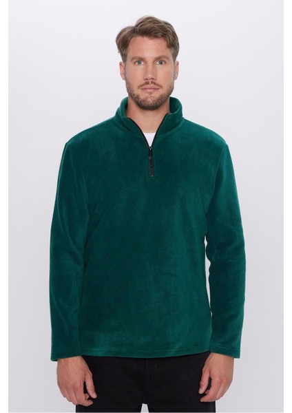 Unisex Standart Fit Rahat Kesim Tüylenme Yapmayan Soğuk Geçirmez Yeşil Dik Yaka Polar Sweatshirt fiyatları