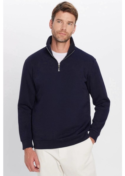 Unisex Relax Fit Rahat Kesim Pamuklu İçi Polarlı Yarım Fermuarlı Lacivert Dik Yaka Sweatshirt fiyatları