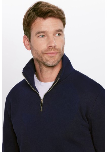 Unisex Relax Fit Rahat Kesim Pamuklu İçi Polarlı Yarım Fermuarlı Lacivert Dik Yaka Sweatshirt indirimleri